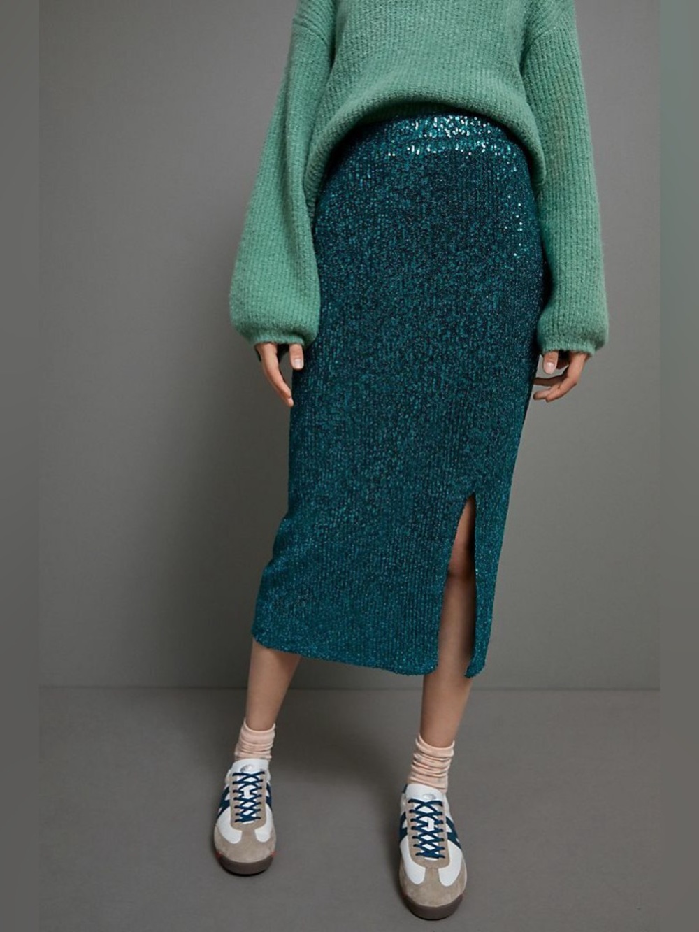 Anthropologie Maeve Alicia Sequined Midi Skirt Dark Green Size M